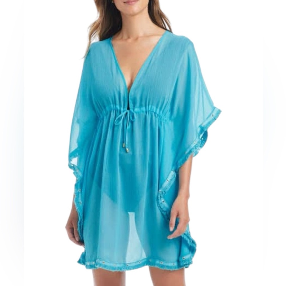 Bleu Pompons Sheer Rod Beattie Womens Mesh Swimsuit Cover-Up Kaftan Size Large